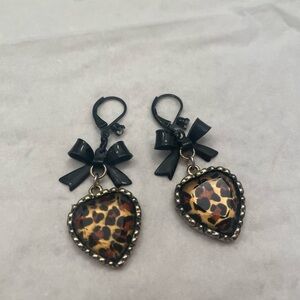 Betsy Johnson Leopard Heart Earrings with Black Bow